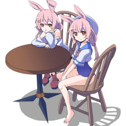 Rule 34 | 2girls, animal ears, barefoot, blue one-piece swimsuit, boots, rabbit ears, camisole, chair, dual persona, eyebrows, feet, hair ornament, hairclip, hat, head rest, jacket, legs, long hair, looking at viewer, multiple girls, off shoulder, one-piece swimsuit, pink hair, red camisole, red footwear, school swimsuit, shirt, short sleeves, simple background, sitting, swimsuit, swimsuit under clothes, table, thighs, tia chang, toes, tomari mari, tomari mari channel, twintails, virtual youtuber, white background, white headwear, white jacket, white shirt