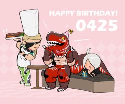 Rule 34 | 1girl, 2boys, ahoge, angel (kof), blonde hair, blush stickers, chef hat, chibi, dated, dinosaur boy, dinosaur costume, english text, eyepatch, closed eyes, food, fork, hat, holding, holding fork, holding plate, king of dinosaurs, knife, mexico, multiple boys, muscular, muscular male, party hat, plate, ramon (kof), smile, snk, steak, the king of fighters, the king of fighters xiv, white hair, yaka (kk1177)
