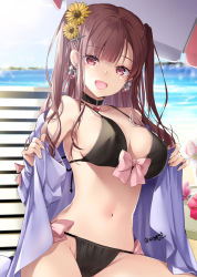 Rule 34 | 1girl, akatsuki hijiri, bare shoulders, bikini, black bikini, black choker, breasts, brown hair, choker, cleavage, commentary request, earrings, flower, hair flower, hair ornament, jewelry, large breasts, long hair, long sleeves, looking at viewer, navel, off shoulder, open clothes, open mouth, original, outdoors, parasol, pink eyes, sitting, smile, solo, swimsuit, umbrella, water