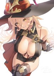 Rule 34 | 1girl, absurdres, black dress, black gloves, black hat, black thighhighs, breasts, cleavage, dress, gloves, grin, hair between eyes, hat, herio, highres, large breasts, long hair, looking at viewer, nijisanji, nui sociere, nui sociere (1st costume), partially fingerless gloves, short dress, smile, solo, thighhighs, thighs, virtual youtuber, witch hat, yellow eyes