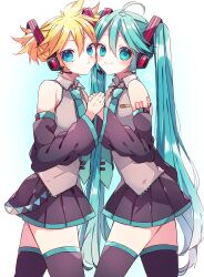 1boy 1girl alternate_costume aqua_necktie aqua_shirt arm_tattoo black_thighhighs blonde_hair blue_eyes blue_hair cosplay crossdressing detached_sleeves hatsune_miku hatsune_miku_(cosplay) highres kagamine_len kaho_0102 necktie shirt skirt tattoo thighhighs twintails vocaloid