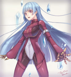 Rule 34 | 1girl, arms at sides, blue hair, blunt bangs, breasts, cowboy shot, gloves, ice, jacket, kula diamond, large breasts, leotard, long hair, looking at viewer, open mouth, pants, red eyes, red thighhighs, smile, snk, solo, tenjou tsuki, the king of fighters, thighhighs, very long hair