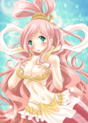 Rule 34 | 1girl, bikini, blue eyes, blush, breasts, earrings, hands on own chest, jewelry, large breasts, looking at viewer, mermaid, monster girl, one piece, pink hair, shirahoshi, solo, swimsuit