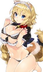 Rule 34 | 1girl, absurdres, animal ears, bare legs, bell, bikini, bikini pull, black bikini, blonde hair, blue eyes, blush, braid, breasts, clothes pull, collar, dog ears, dog tail, fate/apocrypha, fate (series), hair ribbon, highres, jeanne d&#039;arc (fate), jeanne d&#039;arc (ruler) (fate), kou mashiro, large breasts, long braid, long hair, looking at viewer, maid, nail polish, navel, neck bell, open mouth, puffy short sleeves, puffy sleeves, ribbon, short sleeves, simple background, single braid, solo, swimsuit, tail, white background