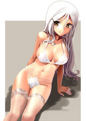 Rule 34 | 1girl, arm support, bra, breasts, cleavage, hair ornament, hairclip, katahira masashi, lace, lace-trimmed legwear, lace trim, large breasts, navel, original, outside border, panties, sitting, smile, solo, thighhighs, underwear, underwear only, white bra, white hair, white panties, white thighhighs, yellow eyes