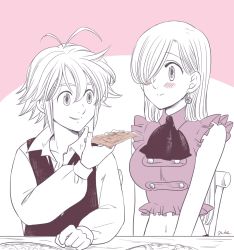 Rule 34 | 10s, 1boy, 1girl, antenna hair, artist name, bad id, bad pixiv id, blush, buttons, double-breasted, earrings, elizabeth liones, food, hair between eyes, hair over one eye, harumiya, jewelry, long hair, long sleeves, looking at another, meliodas, nanatsu no taizai, navel, pink shirt, pizza, shirt, single earring, sitting, smile, vest