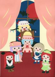 Rule 34 | &gt;:), . ., 6+girls, :d, :|, apron, ascot, bat (animal), bat wings, beret, blonde hair, blue dress, blue hair, blunt bangs, bow, braid, capelet, chair, chibi, china dress, chinese clothes, closed mouth, crescent, curtains, dress, dress shirt, embodiment of scarlet devil, fang, female focus, flandre scarlet, full moon, grey hair, hair bow, hair ribbon, hat, head wings, highres, hime cut, hong meiling, izayoi sakuya, koakuma, long sleeves, maid, maid apron, maid headdress, mob cap, moon, multiple girls, necktie, night, night sky, open mouth, paper (medium), papercraft (medium), patchouli knowledge, poru (tohopunk), purple dress, purple hair, red hair, red moon, remilia scarlet, ribbon, shirt, short sleeves, side ponytail, side slit, sidelocks, sitting, skirt, skirt set, sky, smile, star (symbol), striped clothes, striped dress, touhou, traditional media, tress ribbon, twin braids, unconventional media, v-shaped eyebrows, v arms, vest, waist apron, white shirt, window, wings