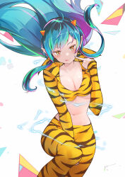 Rule 34 | 1girl, :p, absurdres, animal print, aqua hair, aqua nails, bikini, blush, breasts, cleavage, commentary request, cone horns, electricity, fingernails, floating hair, green hair, highres, horns, itou kazuki, large breasts, leggings, long hair, long sleeves, looking at viewer, lum, multicolored eyes, multicolored hair, nail polish, navel, oni, pants, pink hair, pointing, pointing at self, pointy ears, print bikini, shrug (clothing), signature, solo, stomach, swimsuit, tiger print, tongue, tongue out, urusei yatsura, white background, yellow bikini, yellow horns, yellow pants