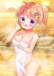 Rule 34 | 1girl, :d, arm under breasts, bamboo fence, blurry, blurry background, blush, breast hold, breasts, brown hair, commentary request, covered navel, covering privates, depth of field, fence, gochuumon wa usagi desu ka?, groin, hair ornament, hairclip, hand up, hoto cocoa, medium breasts, nude cover, open mouth, outdoors, ponytail, purple eyes, rikatan, smile, solo, sunset, towel, water