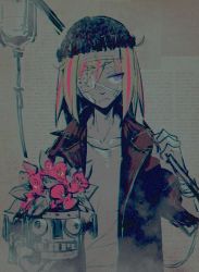 Rule 34 | 1girl, bandaged head, bandages, bandaid, black hat, blonde hair, collarbone, die (die0118), eyepatch, female focus, flip flappers, flower, flower pot, frown, hand up, hat, holding, intravenous drip, jacket, jpeg artifacts, looking to the side, multicolored hair, partially colored, plant, purple eyes, robot, short hair, solo, streaked hair, upper body, yayaka