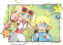 Rule 34 | 1boy, 1girl, ahoge, artist request, backpack, bag, blonde hair, blue eyes, clemont (pokemon), creatures (company), game freak, glasses, holding, holding poke ball, korrina (pokemon), looking at viewer, lowres, nintendo, one eye closed, open mouth, pointing, poke ball, poke ball (basic), pokemon, pokemon (anime), pokemon xy (anime), ponytail, source request, star (symbol), sunglasses, sweat, upper body