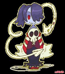 Rule 34 | 1girl, animated, animated gif, artist name, bare shoulders, blue hair, blue skin, chibi, colored skin, detached sleeves, full body, hair over one eye, leviathan (skullgirls), long hair, lowres, lumaga, red eyes, side ponytail, skirt, skull, skullgirls, smile, solo, squigly (skullgirls), stitched mouth, stitches, striped, striped sleeves, transparent background, zombie