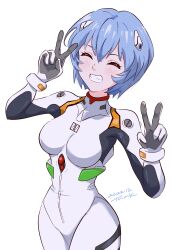 Rule 34 | 1girl, absurdres, artist name, ayanami rei, blush, bodysuit, breasts, closed eyes, commentary, cowboy shot, dated, double v, facing viewer, grin, hair between eyes, happy, headgear, highres, interface headset, medium breasts, neon genesis evangelion, parted lips, pilot suit, plugsuit, science fiction, short hair, signature, smile, solo, tsunemoku, v, w arms, white background, white bodysuit