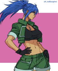 Rule 34 | 1girl, abs, black gloves, black tank top, blue eyes, blue hair, breasts, cleavage, crop top, dog tags, earrings, from side, gloves, green jacket, hand on own hip, high ponytail, highres, jacket, jewelry, leona heidern, long hair, military, military uniform, navel, open clothes, open jacket, pink background, ponytail, profile, shorts, snk, solo, tank top, the king of fighters, triangle earrings, uniform, wallace pires, watermark, web address, white background