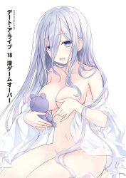 Rule 34 | 1girl, :d, absurdres, blue eyes, blush, bottomless, breasts, cleavage, completely nude, copyright name, covering privates, covering breasts, date a live, hair between eyes, highres, holding, holding stuffed toy, kneeling, large breasts, long hair, looking down, navel, no bra, nude, off shoulder, official art, open clothes, open mouth, open shirt, shirt, silver hair, smile, solo, spoilers, stuffed animal, stuffed toy, takamiya mio, teddy bear, topless, translated, tsunako, very long hair