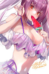 Rule 34 | 1girl, bikini, blush, bracelet, breasts, cleavage, eating, fate/grand order, fate (series), food, frilled bikini, frills, highres, jewelry, large breasts, looking at viewer, nail polish, navel, off-shoulder bikini, off shoulder, popsicle, purple bikini, purple hair, red eyes, scathach (fate), scathach skadi (fate), scathach skadi (swimsuit ruler) (fate), scathach skadi (swimsuit ruler) (first ascension) (fate), solo, swimsuit, togashi (choco-bakama kitchen), twintails, watermelon bar, white background