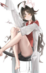 Rule 34 | 1girl, absurdres, ahoge, barefoot, black hair, black horns, black shorts, blue archive, chair, closed mouth, coat, collared shirt, demon horns, hair intakes, halo, highres, horns, kasumi (blue archive), lab coat, long hair, looking at viewer, oversized clothes, red halo, red shirt, shirt, shorts, shoya nagi, signature, simple background, sitting, smile, solo, tail, white background, white coat, yellow eyes