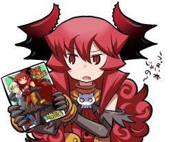 Rule 34 | 1girl, bare shoulders, curly hair, demon girl, demon horns, elbow gloves, fang, flat chest, gloves, horns, long hair, manga (object), maou beluzel, matsuda yuusuke, original, red eyes, red hair, solo, translation request, yuusha to maou