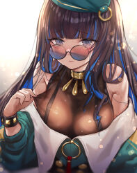 Rule 34 | 1girl, bare shoulders, beret, black hair, blue hair, bracelet, breasts, buttons, colored inner hair, double-breasted, eyeliner, fate/grand order, fate (series), green hat, green jacket, grey eyes, hat, highres, jacket, jewelry, long hair, long sleeves, looking at viewer, makeup, medium breasts, multicolored hair, neck ring, o-ring, off shoulder, round eyewear, sidelocks, solo, sunglasses, tenochtitlan (fate), tenochtitlan (second ascension) (fate), ura illust