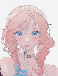 Rule 34 | 1girl, absurdres, arknights, bare shoulders, blue eyes, blue poison (arknights), blue poison (shoal beat) (arknights), blush, braid, choker, collarbone, commentary request, grey background, hairband, hand up, highres, latutou1, lips, long hair, looking at viewer, nail polish, official alternate costume, parted lips, pink choker, pink hair, pink nails, portrait, simple background, solo, twin braids