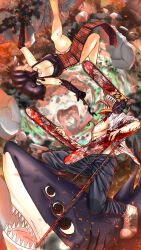 Rule 34 | 1girl, absurdres, apron, beam (chainsaw man), black apron, blood, blue pants, bomb devil (chainsaw man), breasts, brown eyes, chainsaw man, cleavage, collared shirt, denji (chainsaw man), dynamite, explosive, highres, kurobon 96, large breasts, open mouth, panties, pants, pointing, pointing at another, reze (chainsaw man), sharp teeth, shirt, teeth, tongue, tongue out, typhoon devil (chainsaw man), underwear, white panties, white shirt