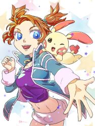 1girl abs blue_eyes collar creatures_(company) game_freak gen_3_pokemon jacket miniskirt navel nintendo one_eye_closed orange_hair plusle pokemon pokemon_colosseum rui_(pokemon) skirt sumai_(sumaizumai) twintails wink