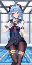 Rule 34 | 1girl, :o, ahoge, alternate costume, bell, black choker, black sailor collar, black skirt, blue hair, blush, breasts, brown pantyhose, choker, clothes lift, collarbone, competition school swimsuit, covered navel, feet out of frame, ganyu (genshin impact), genshin impact, highres, horns, indoors, lifting own clothes, long hair, looking at viewer, matrix16, medium breasts, neck bell, neckerchief, open mouth, pantyhose, pantyhose under swimsuit, pleated skirt, pool, purple eyes, red neckerchief, sailor collar, school swimsuit, school uniform, serafuku, shirt, shirt lift, short sleeves, skirt, skirt lift, solo, standing, swimsuit, swimsuit under clothes, thigh gap, very long hair, white shirt