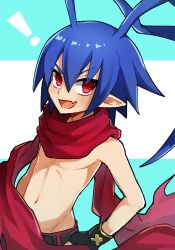 Rule 34 | !, 1boy, absurdres, antenna hair, blue hair, demon boy, disgaea, disgaea d2, fingerless gloves, gloves, highres, himawari (kawaisounaedesu), laharl, looking at viewer, navel, open mouth, pointy ears, red eyes, red scarf, scarf, smile, solo, topless male