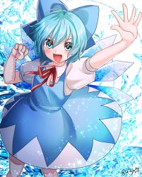 Rule 34 | 1girl, 8931ponzu, :d, arm up, blue bow, blue dress, blue eyes, blue hair, blue theme, blush, bow, cirno, clenched hand, dress, fairy, hair between eyes, hair bow, hand up, ice, ice wings, legs apart, looking at viewer, neck ribbon, open mouth, puffy short sleeves, puffy sleeves, red ribbon, ribbon, short hair, short sleeves, smile, solo, touhou, v-shaped eyebrows, wings