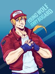 Rule 34 | blonde hair, blouse, blue background, blue eyes, blue gloves, character name, cracking knuckles, dave domz, english text, fatal fury, gloves, hair between eyes, hat, highres, jacket, looking at viewer, male focus, neo geo, ponytail, red hat, red jacket, shirt, signature, smile, snk, solo, t-shirt, terry bogard, the king of fighters, white shirt