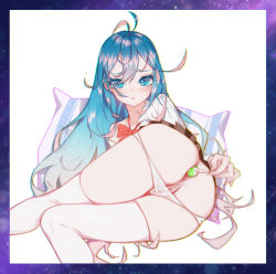 Rule 34 | 1girl, absurdres, anal, anal object insertion, antenna hair, ass, badao zhu ge, blue eyes, blue hair, blush, border, bow, candy, chromatic aberration, cleft of venus, commentary request, denpa onna to seishun otoko, food, gradient hair, hair between eyes, highres, huge filesize, knees together feet apart, lollipop, long hair, looking at viewer, lying, multicolored hair, object insertion, off shoulder, on side, panties, panty pull, pleated skirt, pussy, see-through, simple background, skirt, solo, thighhighs, touwa erio, uncensored, underwear, white background, white panties, white thighhighs