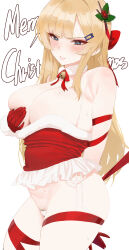 Rule 34 | 1girl, absurdres, arm behind back, bell, blonde hair, blue eyes, blush, bound, breasts, christmas, cleavage, commentary, covering breasts, covering privates, english commentary, female pubic hair, gloves, hair ornament, hairclip, highleg, highleg panties, highres, holly hair ornament, korean commentary, large breasts, long hair, looking at viewer, merry christmas, mixed-language commentary, mochirong, neck bell, original, paid reward available, panties, pubic hair, pubic hair peek, red gloves, red ribbon, ribbon, simple background, skindentation, solo, sweat, underwear, white background, white panties