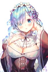Rule 34 | 1girl, aile (crossroads), artist name, black ribbon, blue eyes, blue hair, blush, breasts, cleavage, commission, detached sleeves, hair ornament, hair over one eye, hair ribbon, hand in own hair, hands up, highres, large breasts, looking at viewer, maid, maid headdress, neck ribbon, pixiv commission, re:zero kara hajimeru isekai seikatsu, rem (re:zero), ribbon, roswaal mansion maid uniform, short hair, simple background, solo, underbust, upper body, white background, x hair ornament
