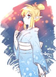 Rule 34 | 1girl, alternate hairstyle, blue kimono, blush, candy apple, cowboy shot, flower, food, from side, genderswap, genderswap (mtf), hair flower, hair knot, hair ornament, highres, holding, holding food, japanese clothes, kimono, link, long sleeves, night, nintendo, obi, red flower, sash, solo, the legend of zelda, the legend of zelda: tears of the kingdom, ttanuu., white background, wide sleeves