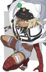 Rule 34 | 1girl, absurdres, brown eyes, brown gloves, brown hair, cape, dark-skinned female, dark skin, gazacy (dai), gloves, guilty gear, guilty gear strive, hair between eyes, hat, highres, leg wrap, long hair, looking at viewer, pants, ramlethal valentine, short shorts, shorts, solo, squatting, toes, white gloves, white hat, white pants