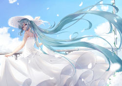 Rule 34 | 1girl, absurdly long hair, absurdres, blue eyes, blue hair, blue sky, day, dress, floating hair, flower, hair between eyes, hair ribbon, hat, hatsune miku, highres, long dress, long hair, looking at viewer, ningjuice, off shoulder, outdoors, ribbon, skirt hold, sky, sleeveless, sleeveless dress, solo, strap slip, straw hat, sun hat, sundress, twintails, very long hair, vocaloid, white dress, white flower, white hat, white ribbon