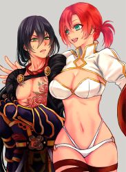 Rule 34 | 1boy, 1girl, :d, aqua eyes, black hair, boudica (fate), breasts, chest tattoo, cleavage, fate/grand order, fate (series), gauntlets, green eyes, grey background, hizuki aya, long hair, midriff, navel, open mouth, ponytail, red hair, revealing clothes, shrug (clothing), simple background, smile, tattoo, yan qing (fate)