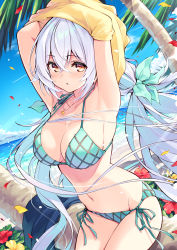Rule 34 | 1girl, armpits, arms up, bare shoulders, beach, bikini, blue sky, blush, breasts, brown eyes, cleavage, cloud, collarbone, commentary request, cowboy shot, cu-no, day, flower, green bikini, groin, hair between eyes, hair ribbon, halterneck, hisen kaede, horizon, jewelry, large breasts, leaf, long hair, looking at viewer, low twintails, navel, necklace, ocean, open mouth, outdoors, palm tree, parted lips, petals, plaid, plaid bikini, rapua qive, red flower, ribbon, sand, side-tie bikini bottom, silver hair, sitting, sky, solo, stomach, string bikini, striped bikini, striped clothes, swimsuit, thighs, tree, twintails, undressing, very long hair, water