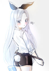 Rule 34 | 1girl, bad id, bad pixiv id, black ribbon, black shorts, blue eyes, blush, closed mouth, grey background, hair ribbon, long sleeves, looking at viewer, looking to the side, mamel 27, original, parted bangs, rabbit tail, ribbon, shirt, short shorts, shorts, silver hair, simple background, sleeves rolled up, solo, suspender shorts, suspenders, suspenders slip, tail, tears, white shirt