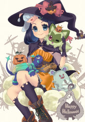 Rule 34 | 1girl, absurdres, alternate costume, amedamaneko, black gloves, black headwear, blue eyes, boots, bow, character doll, closed mouth, commentary request, creatures (company), eyelashes, game freak, gen 6 pokemon, gen 8 pokemon, gloves, halloween, hand up, happy halloween, hat, hat bow, hatenna, highres, jack-o&#039;-lantern, liko (pokemon), nidothing, nintendo, on shoulder, phantump, pink bow, pokemon, pokemon (anime), pokemon (creature), pokemon horizons, pokemon on shoulder, pumpkaboo, signature, smile, socks, sprigatito, terapagos, terapagos (normal)