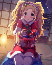Rule 34 | 10s, 1girl, blonde hair, blush, christmas, earrings, emily stewart, emily stuart, gift, giving, hairband, idolmaster, idolmaster million live!, incoming gift, jewelry, kneeling, lens flare, long hair, looking at viewer, official art, purple eyes, santa costume, solo, sparkle, twintails