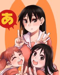 Rule 34 | 3girls, :d, ^ ^, a (phrase), azumanga daiou, black eyes, black hair, brown eyes, closed eyes, commentary, double v, english commentary, facing viewer, hair between eyes, hands up, height difference, highres, kasuga ayumu, long hair, long sleeves, looking at viewer, medium hair, mihama chiyo, multiple girls, open mouth, parted lips, red hair, sailor collar, sakaki (azumanga daioh), school uniform, serafuku, shirt, smile, speech bubble, teeth, two side up, uni (oni unicorn), upper body, upper teeth only, v, |d