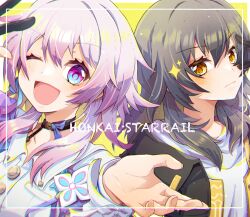 Rule 34 | 2girls, ;d, black choker, black gloves, black jacket, blue eyes, blush, breast pocket, buttons, choker, chromatic aberration, collarbone, commentary request, copyright name, earrings, flower ornament, gloves, grey hair, hands up, highres, honkai: star rail, honkai (series), jacket, jewelry, long sleeves, looking at viewer, march 7th (honkai: star rail), medium hair, multiple girls, one eye closed, open hands, open mouth, partial commentary, partially fingerless gloves, pink eyes, pink hair, pocket, shirt, single earring, single glove, smile, stelle (honkai: star rail), stray0641071225, trailblazer (honkai: star rail), two-tone eyes, upper body, white shirt, yellow eyes