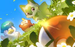 Rule 34 | commentary request, creatures (company), day, falling leaves, flower, fuecoco, game freak, grass, highres, leaf, nintendo, no humans, outdoors, poke ball, poke ball (basic), pokemon, pokemon (creature), quaxly, shieriru, sky, sprigatito, starter pokemon trio, white flower