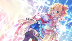 Rule 34 | 1girl, absurdres, akai haato, akai haato (1st costume), aozane, armpits, audience, belt, black thighhighs, blonde hair, blue eyes, blue skirt, blush, breasts, concert, dutch angle, glowstick, hair ornament, hair ribbon, heart, heart hair ornament, highres, holding, holding microphone, hololive, idol, large breasts, long hair, looking at viewer, microphone, miniskirt, nail polish, open mouth, outstretched hand, pleated skirt, red belt, red ribbon, ribbon, skirt, sleeveless, smile, solo, standing, standing on one leg, sweat, thigh strap, thighhighs, very long hair, virtual youtuber, wrist ribbon, zettai ryouiki