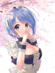 Rule 34 | 1girl, apron, black dress, blue eyes, blue hair, blurry, blurry foreground, branch, breasts, center frills, cherry blossoms, cleavage, closed mouth, commentary request, copyright request, depth of field, dress, eyebrows hidden by hair, flower, frills, hands up, highres, interlocked fingers, large breasts, maid no yuki-san, mimikaki (men bow), petals, pink flower, short hair, smile, solo, upper body, virtual youtuber, white apron, white background, wrist cuffs