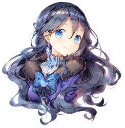 Rule 34 | 1girl, black hair, blue bow, blue eyes, blue hair, blue ribbon, bow, commission, earrings, fur collar, jewelry, long hair, looking at viewer, original, ribbon, smile, solo, tonowa, transparent background, upper body, wavy hair