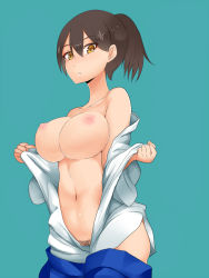 Rule 34 | 10s, 1girl, blush, breasts, brown eyes, brown hair, comic, female pubic hair, japanese clothes, kaga (kancolle), kantai collection, large breasts, looking at viewer, nac000, nipples, open clothes, open mouth, open shirt, personification, pubic hair, shirt, short hair, side ponytail