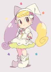 Rule 34 | 1girl, blonde hair, blush, brown eyes, closed mouth, commentary request, dress, earrings, full body, gloves, grey background, hand on own hip, hat, jewelry, long hair, looking at viewer, magical girl, makihatayama hana, miyata (lhr), ojamajo doremi, pointy footwear, puffy short sleeves, puffy sleeves, short sleeves, smile, solo, standing, twintails, very long hair, white dress, white footwear, white gloves, white hat, wing hair ornament