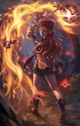 Rule 34 | 1girl, absurdres, bag, boots, detached sleeves, dragon horns, fire, forest, from behind, genshin impact, glowing, glowing eyes, green eyes, hair between eyes, hat, head tilt, high heels, highres, holding, holding wand, horns, long hair, looking at viewer, looking back, midriff, nature, parted lips, pink hair, scales, shade, shaft look, shorts, sidelocks, solo, stormstx, tree, wand, yanfei (genshin impact)